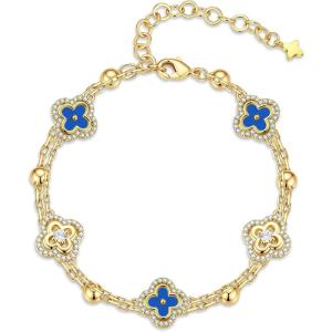 Turandoss Clover Bracelets for Women – Dainty 14K Gold Plated CZ Bracelets Colorful Four Leaf Clover Bracelet Lucky Bracelet Lucky Jewelry Gifts for Women(Blue Clover)