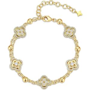 Turandoss Clover Bracelets for Women – Dainty 14K Gold Plated CZ Bracelets Colorful Four Leaf Clover Bracelet Lucky Bracelet Lucky Jewelry Gifts for Women(White Clover)