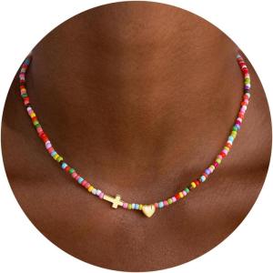 Turandoss Cross Necklace for Women – 14K Gold Plated Heart Necklace Dainty Colorful Beaded Cross Choker Necklaces for Women Trendy Holy Mary Medal Pendant Necklaces Baptism Birthday Christian Religious Gifts(Sideways Heart Cross Necklace)