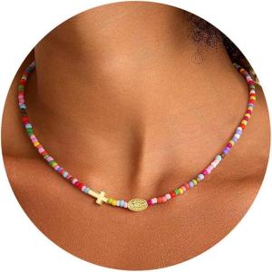 Turandoss Cross Necklace for Women – 14K Gold Plated Heart Necklace Dainty Colorful Beaded Cross Choker Necklaces for Women Trendy Holy Mary Medal Pendant Necklaces Baptism Birthday Christian Religious Gifts(Holy Mary Medal Cross Necklace)