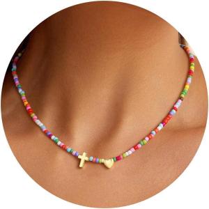 Turandoss Cross Necklace for Women – 14K Gold Plated Heart Necklace Dainty Colorful Beaded Cross Choker Necklaces for Women Trendy Holy Mary Medal Pendant Necklaces Baptism Birthday Christian Religious Gifts(Heart Cross Necklace)