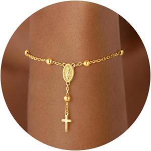 Turandoss Gold Cross Bracelets for Women – 14K Gold Plated Satellite Bead CZ Pearl Holy Mary Medal Cross Bracelet Dainty Bracelets for Women Faith Jewelry Christian Baptism Religious Gifts(Santa Maria cross charm bracelet)