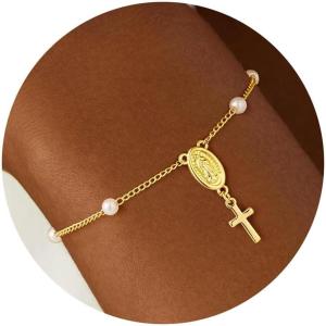 Turandoss Gold Cross Bracelets for Women – 14K Gold Plated Satellite Bead CZ Pearl Holy Mary Medal Cross Bracelet Dainty Bracelets for Women Faith Jewelry Christian Baptism Religious Gifts(Santa Maria pearl cross bracelet)