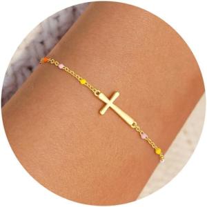 Turandoss Gold Cross Bracelets for Women – 14K Gold Plated Satellite Bead CZ Pearl Holy Mary Medal Cross Bracelet Dainty Bracelets for Women Faith Jewelry Christian Baptism Religious Gifts(cross colorful beaded bracelet)