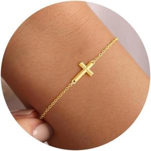 Turandoss Gold Cross Bracelets for Women – 14K Gold Plated Satellite Bead CZ Pearl Holy Mary Medal Cross Bracelet Dainty Bracelets for Women Faith Jewelry Christian Baptism Religious Gifts(gold thin cross bracelet)