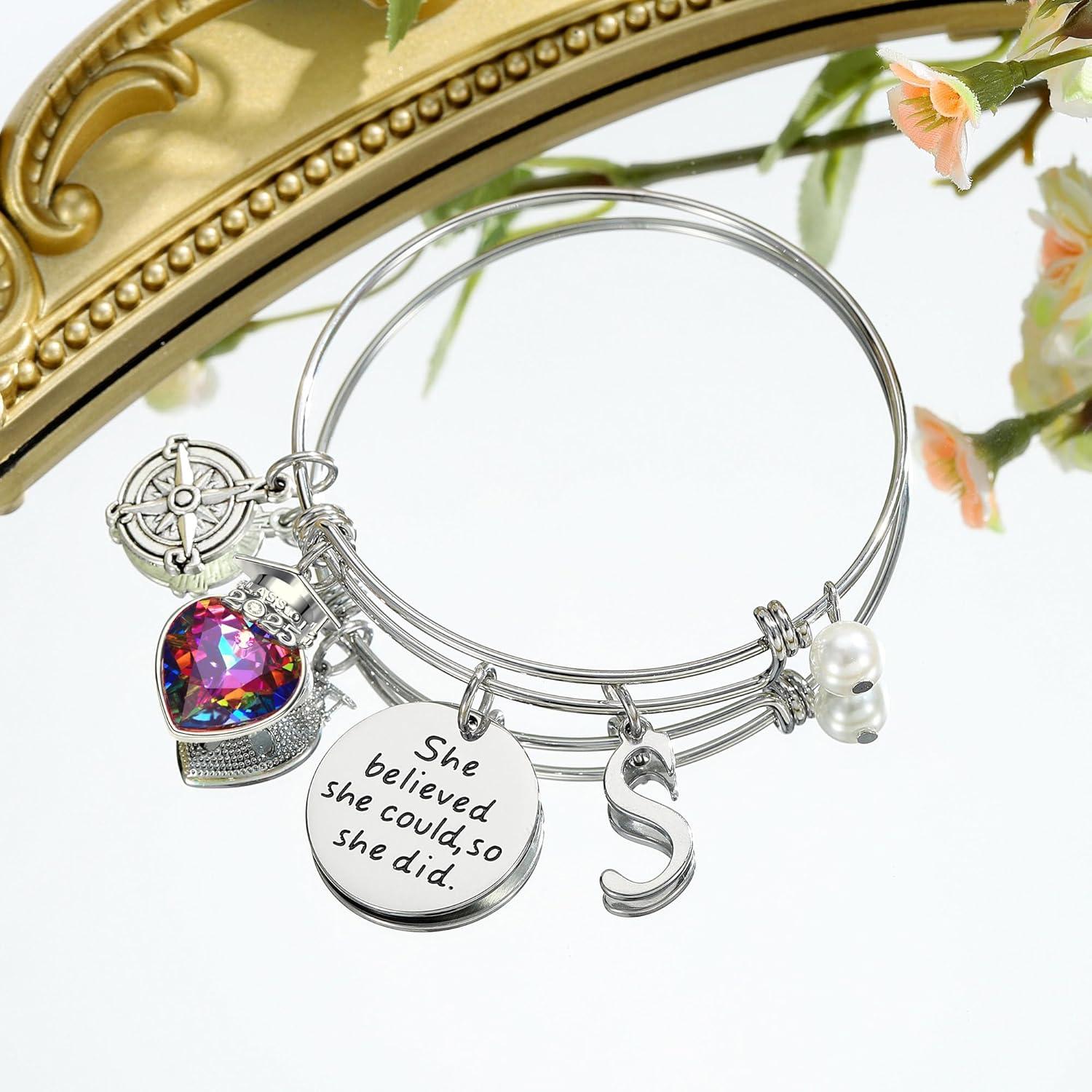 imageTurandoss Graduation Gifts for Her 2026 Inspirational Compass Bangle Bracelet She Believed She Could So She Did Silver Initial Bracelets Class of 2026 High School College Graduation Gifts for HerESilver