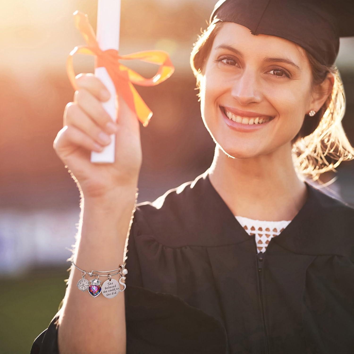 imageTurandoss Graduation Gifts for Her 2026 Inspirational Compass Bangle Bracelet She Believed She Could So She Did Silver Initial Bracelets Class of 2026 High School College Graduation Gifts for HerESilver