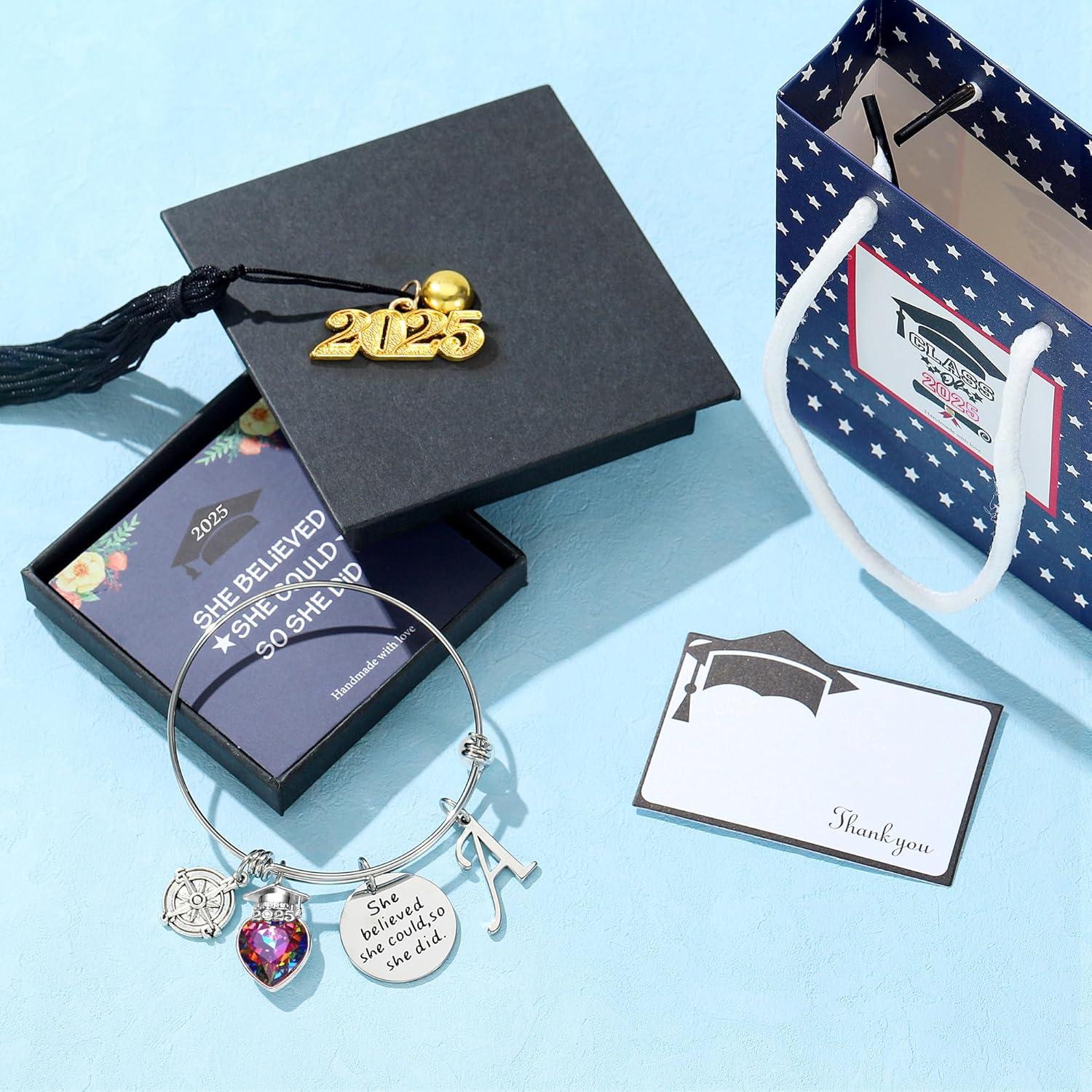 imageTurandoss Graduation Gifts for Her 2026 Inspirational Compass Bangle Bracelet She Believed She Could So She Did Silver Initial Bracelets Class of 2026 High School College Graduation Gifts for HerESilver