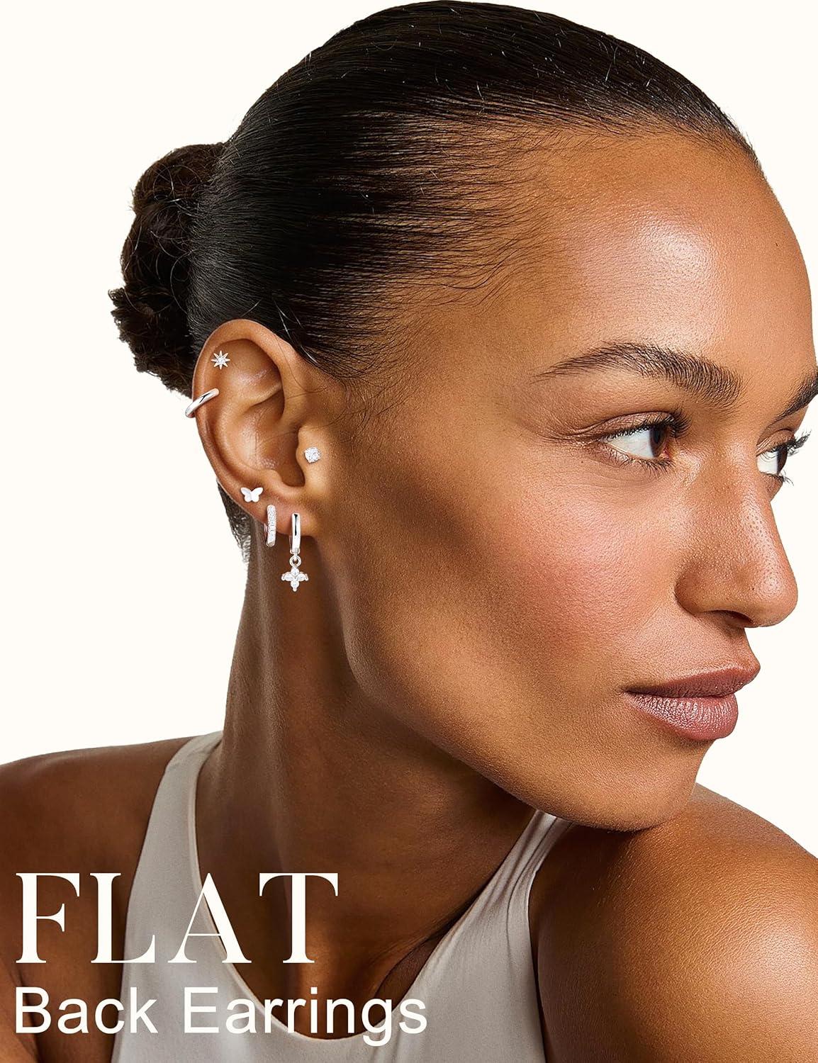 imageTurandoss 14 Pairs Hypoallergenic Flat Back Earrings for Women 14K Gold Plated Stud amp Hoop Earrings Dainty Cartilage Earring Stack Set for Multiple Piercing JewelrySilver Plated