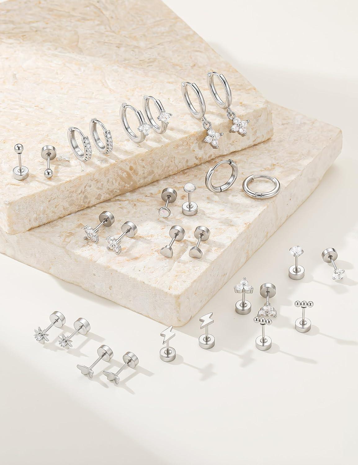 imageTurandoss 14 Pairs Hypoallergenic Flat Back Earrings for Women 14K Gold Plated Stud amp Hoop Earrings Dainty Cartilage Earring Stack Set for Multiple Piercing JewelrySilver Plated