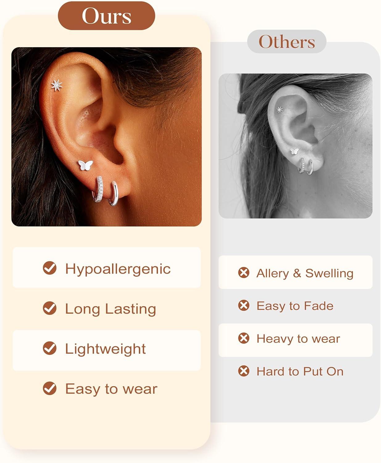 imageTurandoss 14 Pairs Hypoallergenic Flat Back Earrings for Women 14K Gold Plated Stud amp Hoop Earrings Dainty Cartilage Earring Stack Set for Multiple Piercing JewelrySilver Plated