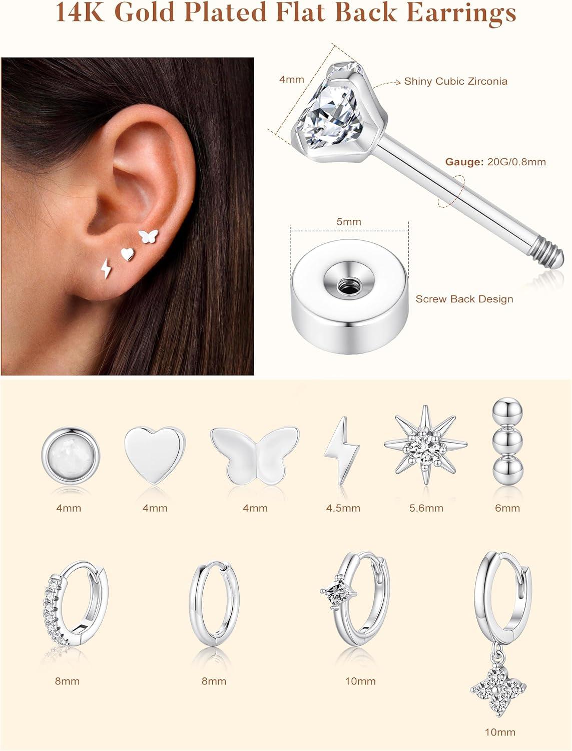 imageTurandoss 14 Pairs Hypoallergenic Flat Back Earrings for Women 14K Gold Plated Stud amp Hoop Earrings Dainty Cartilage Earring Stack Set for Multiple Piercing JewelrySilver Plated