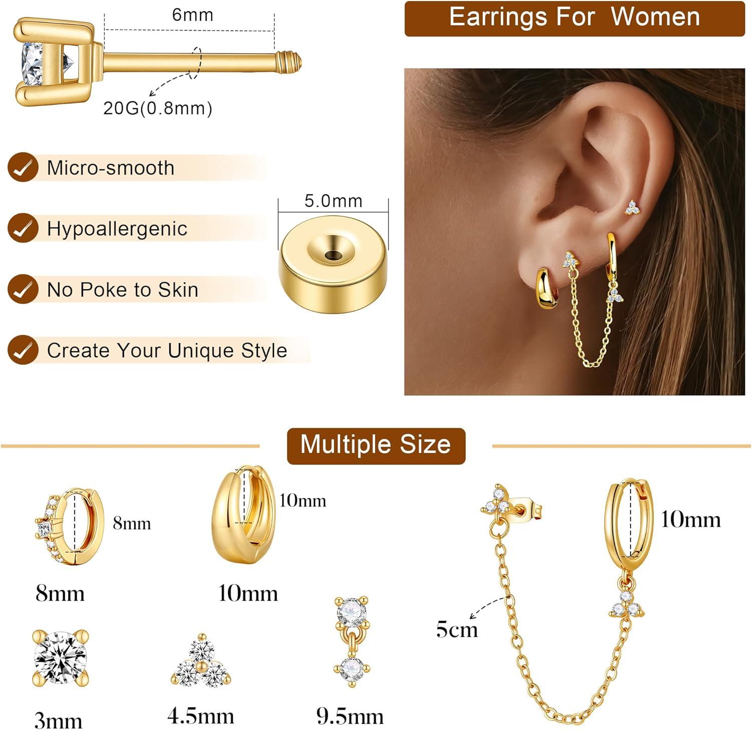 imageTurandoss Gold Earrings for Women 14K Gold Plated Hypoallergenic Dangle Earrings Dainty Hoop Stud Earrings Stacks Cartilage Earrings for Multiple Piercing14K Gold Plated