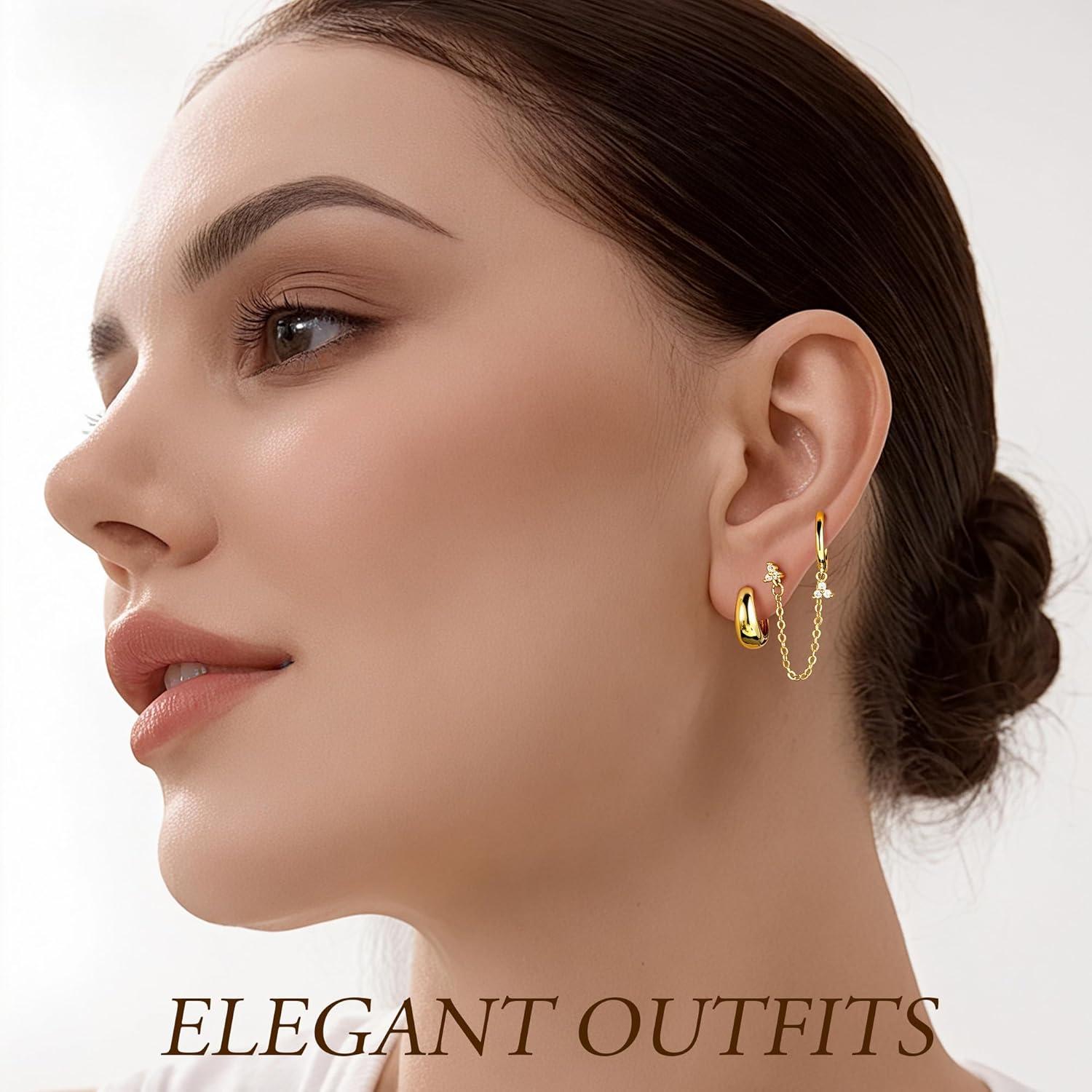 imageTurandoss Gold Earrings for Women 14K Gold Plated Hypoallergenic Dangle Earrings Dainty Hoop Stud Earrings Stacks Cartilage Earrings for Multiple Piercing14K Gold Plated