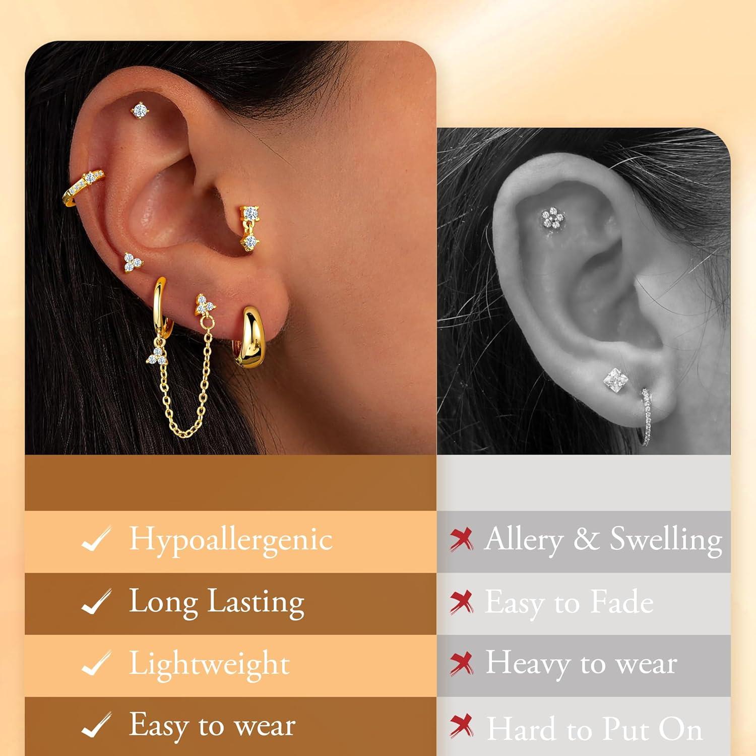 imageTurandoss Gold Earrings for Women 14K Gold Plated Hypoallergenic Dangle Earrings Dainty Hoop Stud Earrings Stacks Cartilage Earrings for Multiple Piercing14K Gold Plated