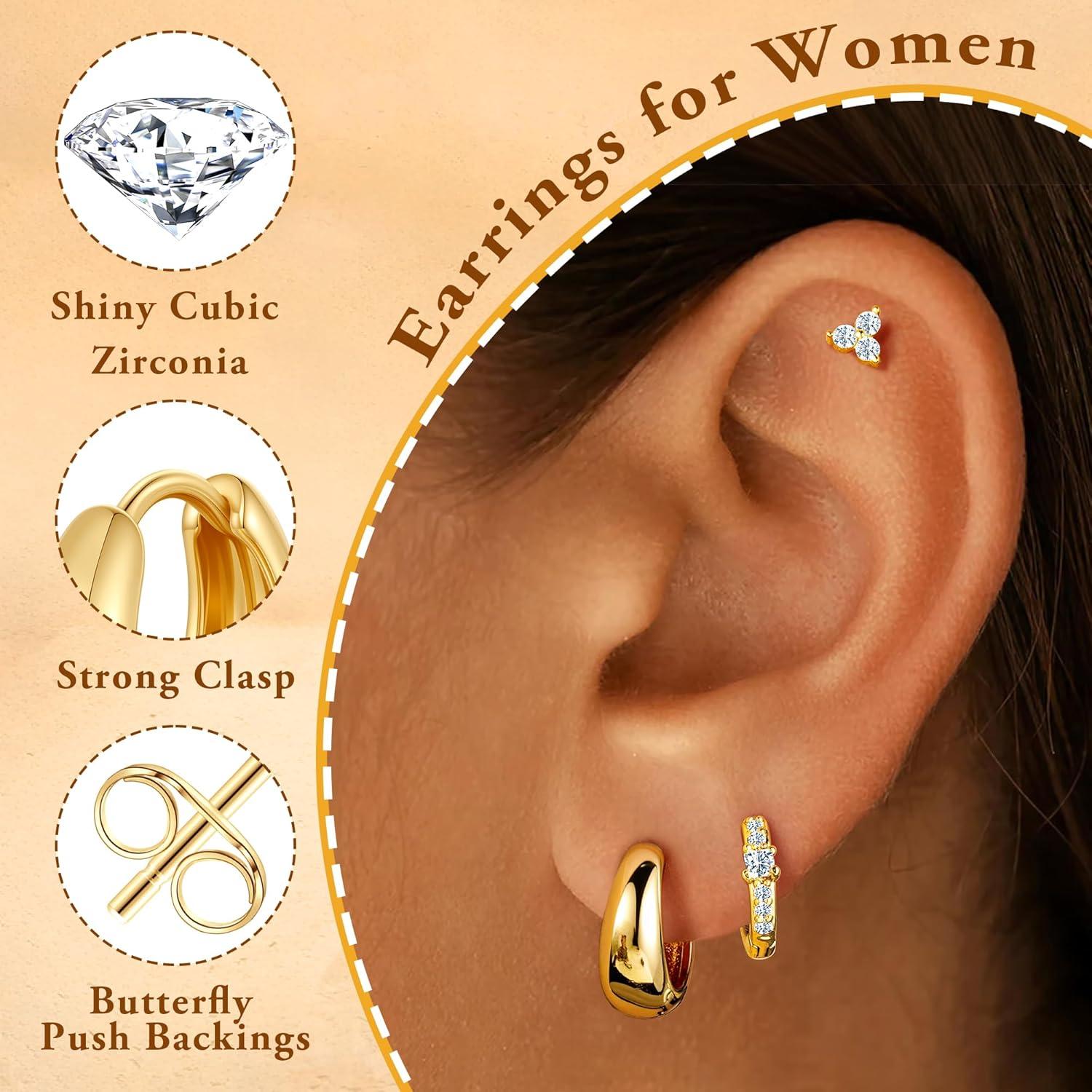 imageTurandoss Gold Earrings for Women 14K Gold Plated Hypoallergenic Dangle Earrings Dainty Hoop Stud Earrings Stacks Cartilage Earrings for Multiple Piercing14K Gold Plated