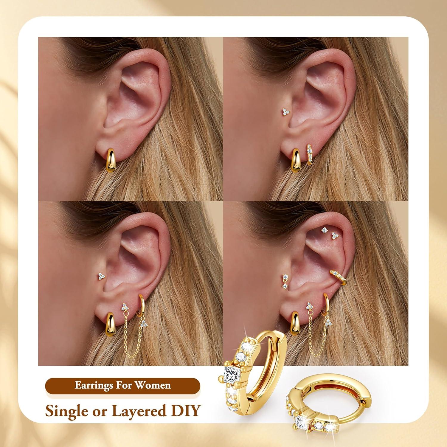 imageTurandoss Gold Earrings for Women 14K Gold Plated Hypoallergenic Dangle Earrings Dainty Hoop Stud Earrings Stacks Cartilage Earrings for Multiple Piercing14K Gold Plated