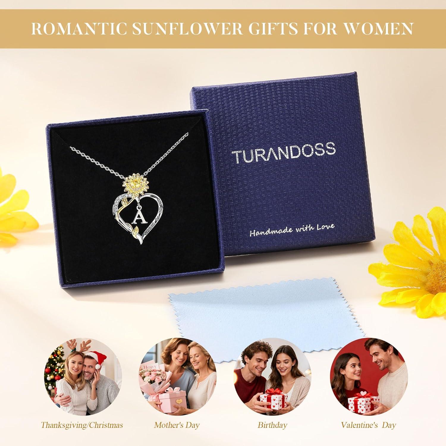 imageTurandoss Easter Gifts for Kids Teen Girls Dainty 14K White Gold Plated Initial AZ Heart Sunflower CZ Pendant Necklace You Are My Sunshine Birthday Personalized Jewelry Easter Gifts for Women GirlsK