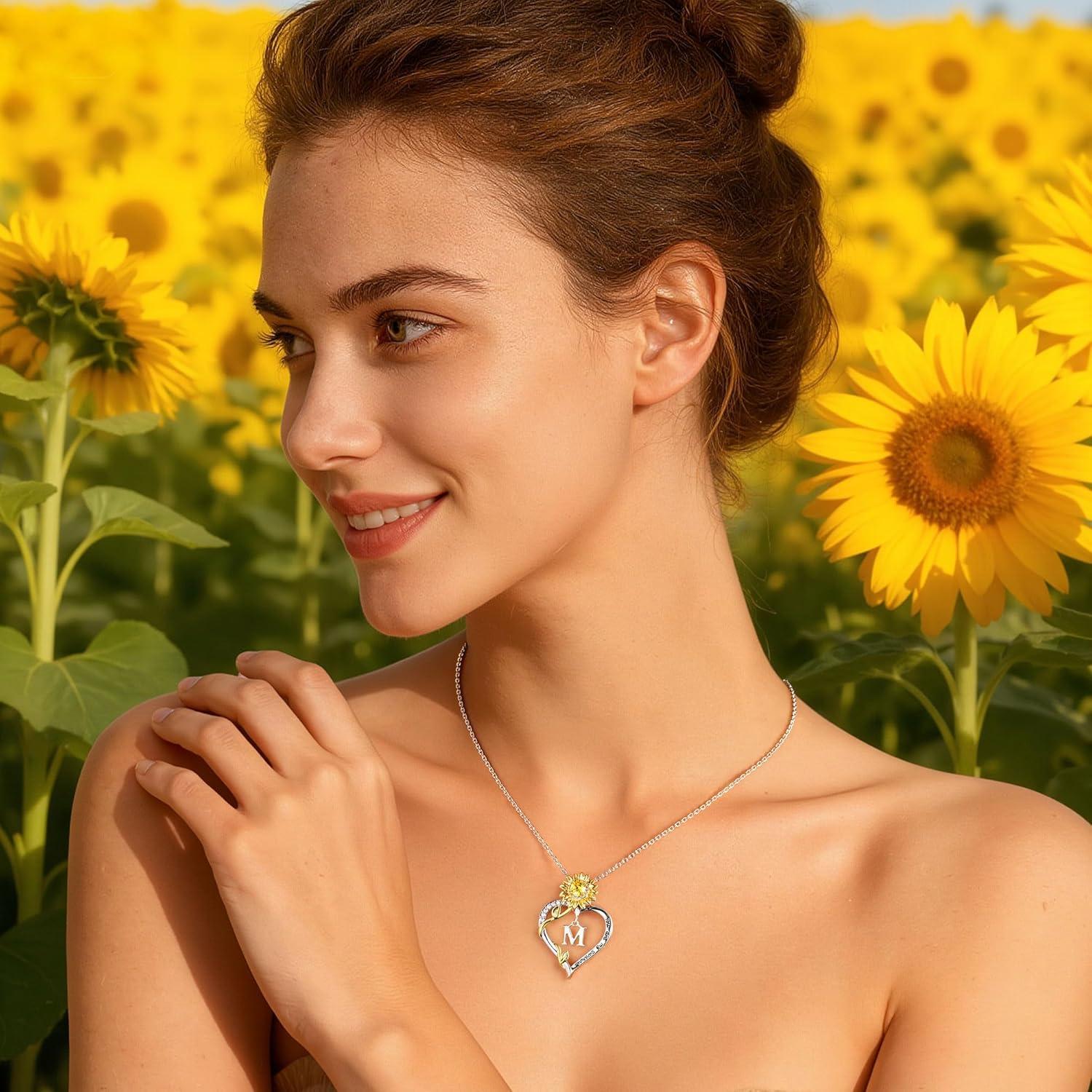 imageTurandoss Easter Gifts for Kids Teen Girls Dainty 14K White Gold Plated Initial AZ Heart Sunflower CZ Pendant Necklace You Are My Sunshine Birthday Personalized Jewelry Easter Gifts for Women GirlsD