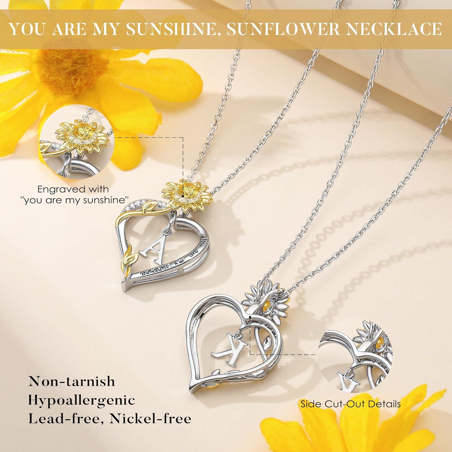 imageTurandoss Easter Gifts for Kids Teen Girls Dainty 14K White Gold Plated Initial AZ Heart Sunflower CZ Pendant Necklace You Are My Sunshine Birthday Personalized Jewelry Easter Gifts for Women GirlsK
