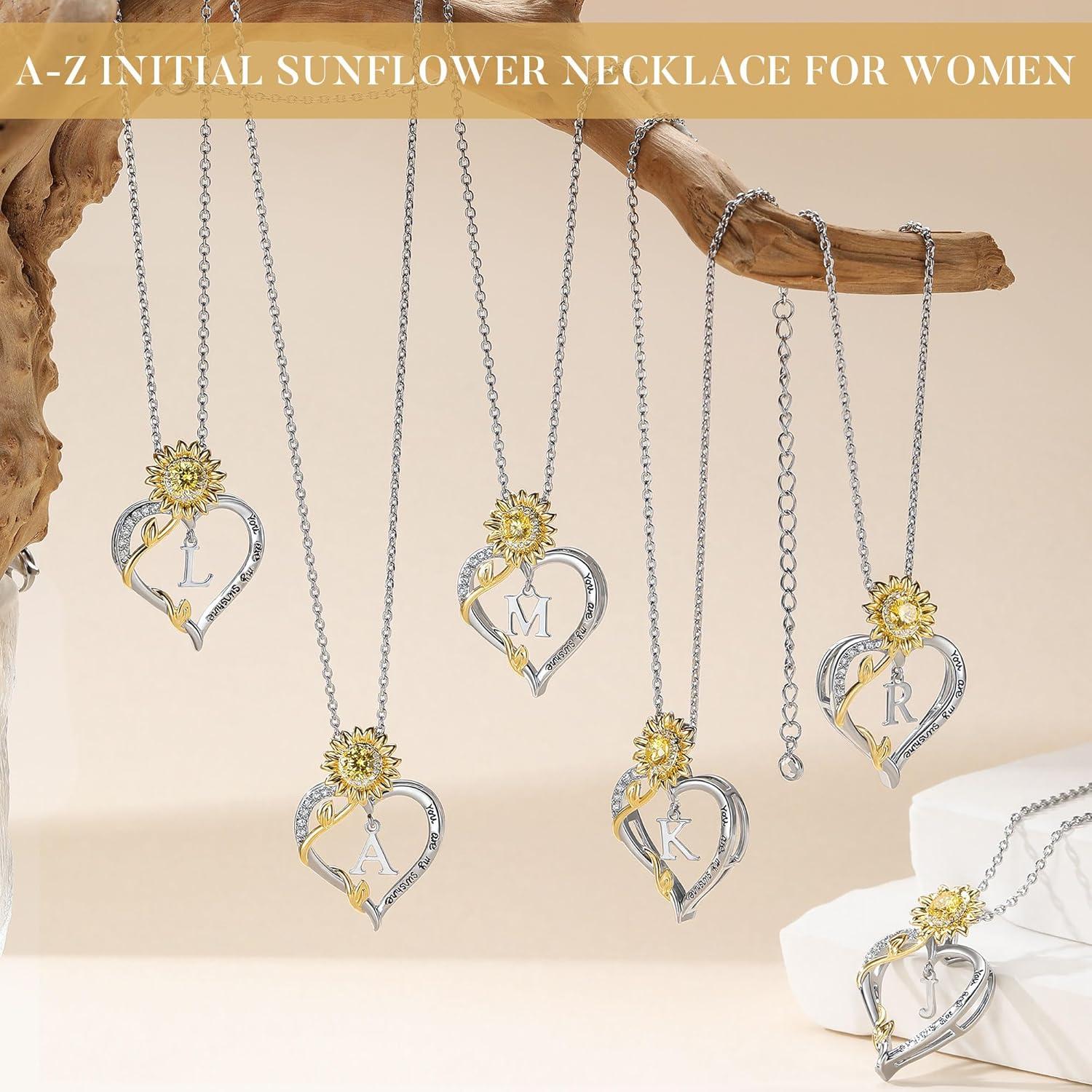 imageTurandoss Easter Gifts for Kids Teen Girls Dainty 14K White Gold Plated Initial AZ Heart Sunflower CZ Pendant Necklace You Are My Sunshine Birthday Personalized Jewelry Easter Gifts for Women GirlsK