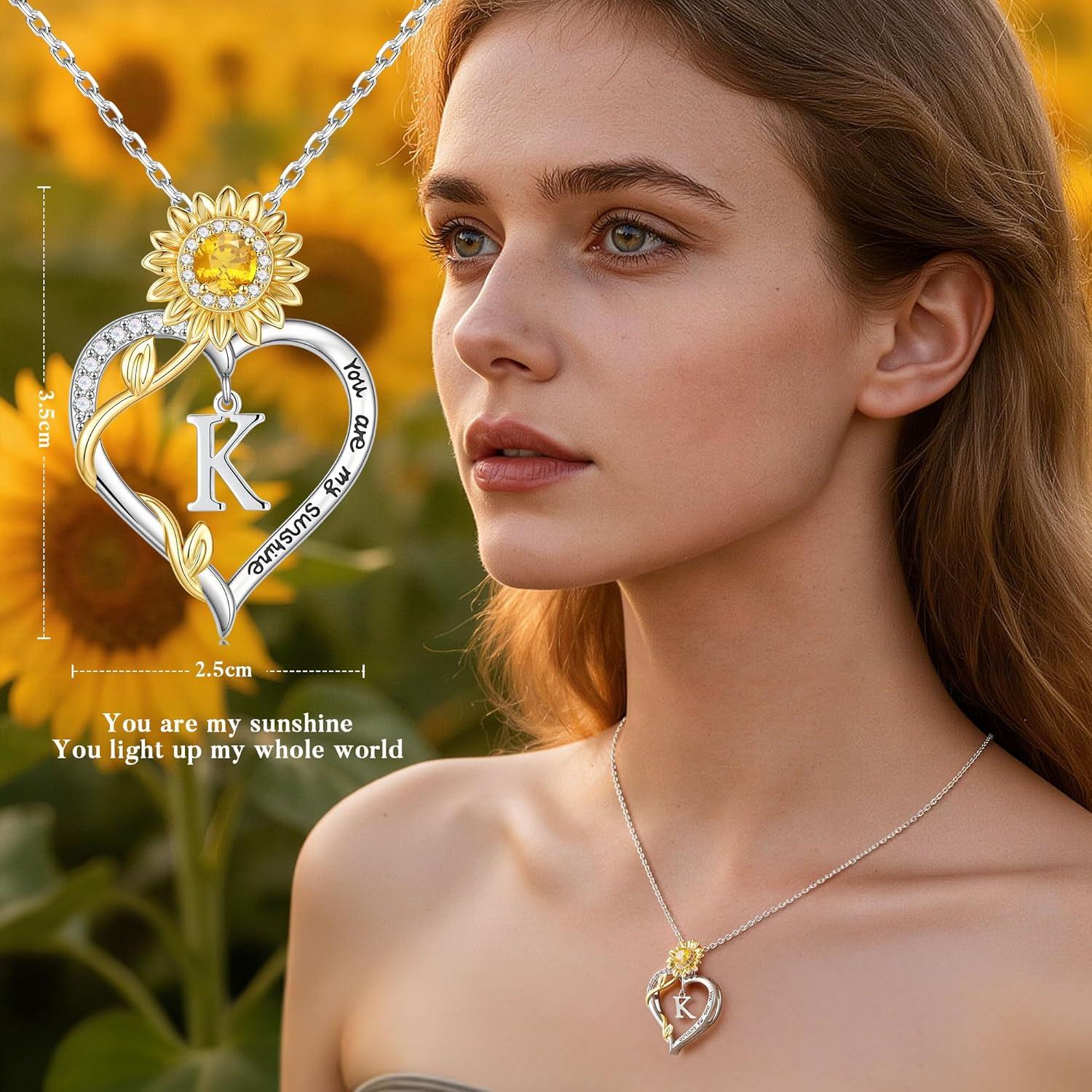 imageTurandoss Easter Gifts for Kids Teen Girls Dainty 14K White Gold Plated Initial AZ Heart Sunflower CZ Pendant Necklace You Are My Sunshine Birthday Personalized Jewelry Easter Gifts for Women GirlsK