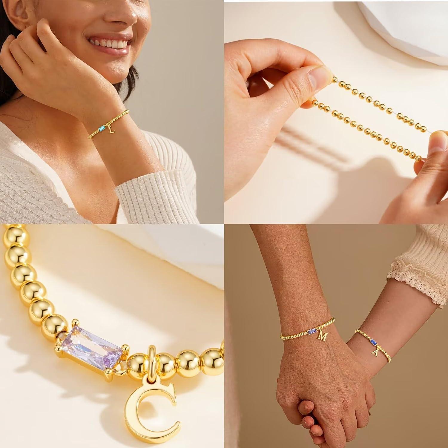 imageTurandoss Initial Birthstone Bracelet for Women Girls Dainty 14K Gold Plated Letter AZ Dainty Stackable Round Beaded Ball Birthstone Bracelet for Women Birthday Jewelry Gifts11GLab Citrine
