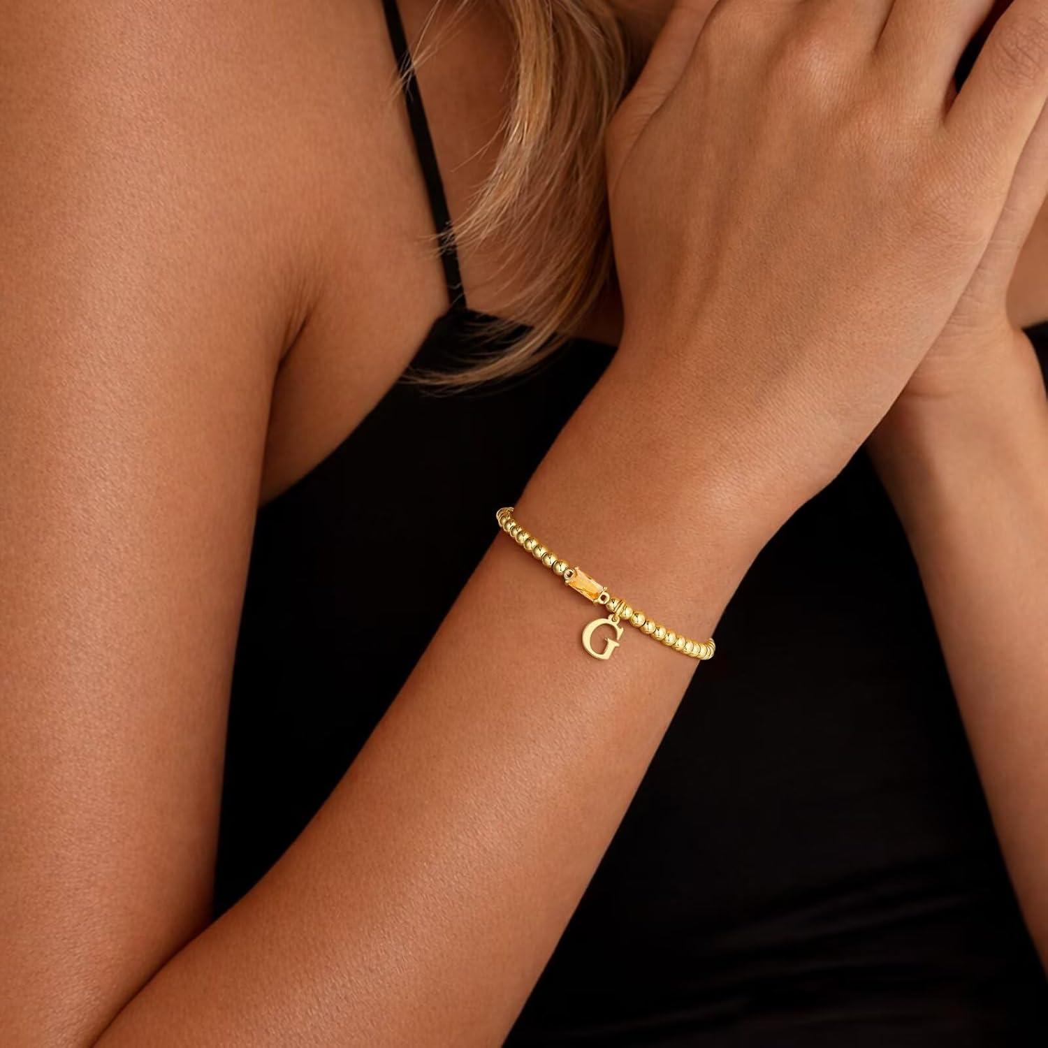 imageTurandoss Initial Birthstone Bracelet for Women Girls Dainty 14K Gold Plated Letter AZ Dainty Stackable Round Beaded Ball Birthstone Bracelet for Women Birthday Jewelry Gifts11GLab Citrine