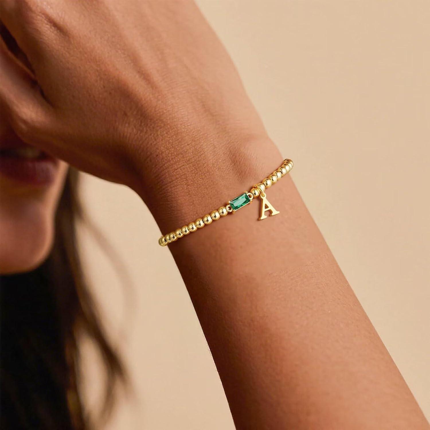 imageTurandoss Initial Birthstone Bracelet for Women Girls Dainty 14K Gold Plated Letter AZ Dainty Stackable Round Beaded Ball Birthstone Bracelet for Women Birthday Jewelry Gifts11GLab Citrine