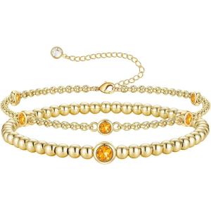 Turandoss Birthstone Beaded Bracelets for Women – Dainty 12 Month Birthstone Bracelet Stackable 14K Gold Plated Beaded Elastic Bracelets Birthday Jewelry Gifts for Women(11-Nov-Citrine)