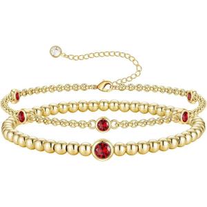 Turandoss Birthstone Beaded Bracelets for Women – Dainty 12 Month Birthstone Bracelet Stackable 14K Gold Plated Beaded Elastic Bracelets Birthday Jewelry Gifts for Women(01-Jan-Garnet)