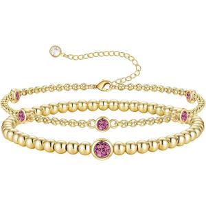 Turandoss Birthstone Beaded Bracelets for Women – Dainty 12 Month Birthstone Bracelet Stackable 14K Gold Plated Beaded Elastic Bracelets Birthday Jewelry Gifts for Women(10-Oct-Tourmaline)