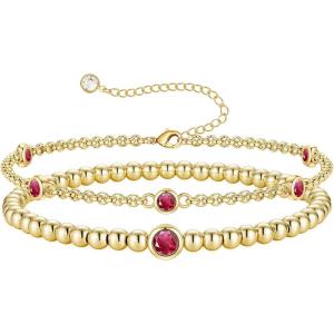 Turandoss Birthstone Beaded Bracelets for Women – Dainty 12 Month Birthstone Bracelet Stackable 14K Gold Plated Beaded Elastic Bracelets Birthday Jewelry Gifts for Women(07-Jul-Ruby)