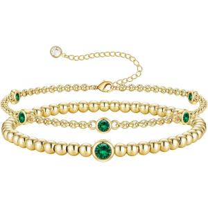 Turandoss Birthstone Beaded Bracelets for Women – Dainty 12 Month Birthstone Bracelet Stackable 14K Gold Plated Beaded Elastic Bracelets Birthday Jewelry Gifts for Women(05-May-Emerald)