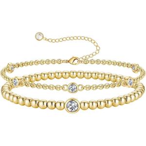 Turandoss Birthstone Beaded Bracelets for Women – Dainty 12 Month Birthstone Bracelet Stackable 14K Gold Plated Beaded Elastic Bracelets Birthday Jewelry Gifts for Women(04-Apr-White Topaz)