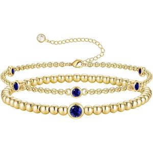 Turandoss Birthstone Beaded Bracelets for Women – Dainty 12 Month Birthstone Bracelet Stackable 14K Gold Plated Beaded Elastic Bracelets Birthday Jewelry Gifts for Women(12-Dec-Tanzanite)