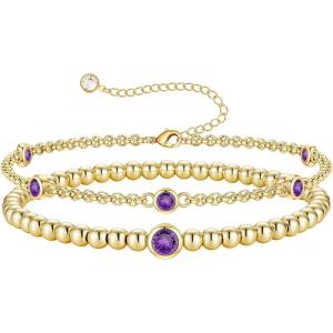 Turandoss Birthstone Beaded Bracelets for Women – Dainty 12 Month Birthstone Bracelet Stackable 14K Gold Plated Beaded Elastic Bracelets Birthday Jewelry Gifts for Women(02-Feb-Amethyst)