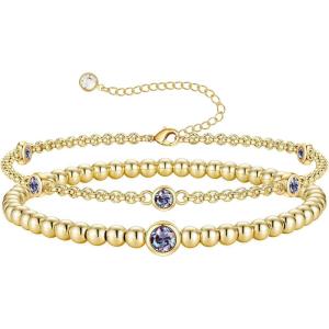Turandoss Birthstone Beaded Bracelets for Women – Dainty 12 Month Birthstone Bracelet Stackable 14K Gold Plated Beaded Elastic Bracelets Birthday Jewelry Gifts for Women(06-Jun-Alexandrite)
