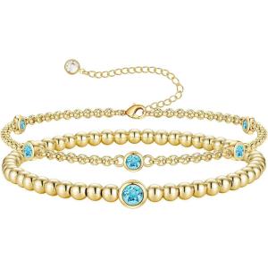 Turandoss Birthstone Beaded Bracelets for Women – Dainty 12 Month Birthstone Bracelet Stackable 14K Gold Plated Beaded Elastic Bracelets Birthday Jewelry Gifts for Women(03-Mar-Aquamarine)