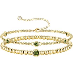 Turandoss Birthstone Beaded Bracelets for Women – Dainty 12 Month Birthstone Bracelet Stackable 14K Gold Plated Beaded Elastic Bracelets Birthday Jewelry Gifts for Women(08-Aug-Peridot)