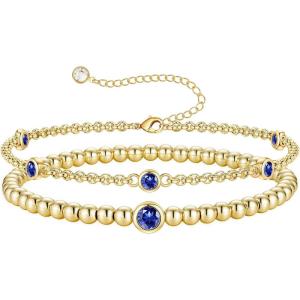 Turandoss Birthstone Beaded Bracelets for Women – Dainty 12 Month Birthstone Bracelet Stackable 14K Gold Plated Beaded Elastic Bracelets Birthday Jewelry Gifts for Women(09-Sep-Sapphire)
