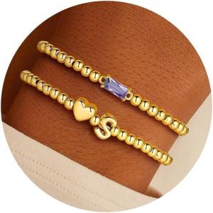 Turandoss Birthstone Beaded Bracelets for Women – Dainty 14K Gold Plated Heart Initial A-Z Charm Birthstone Bracelets, Stackable Waterproof Strand Bead Ball Bracelet Jewelry Birthday Gifts(Jun-Alexandrite)