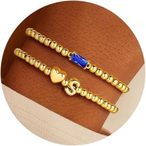 Turandoss Birthstone Beaded Bracelets for Women – Dainty 14K Gold Plated Heart Initial A-Z Charm Birthstone Bracelets, Stackable Waterproof Strand Bead Ball Bracelet Jewelry Birthday Gifts(Dec-Tanzanite)