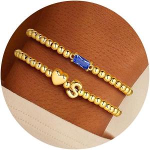 Turandoss Birthstone Beaded Bracelets for Women – Dainty 14K Gold Plated Heart Initial A-Z Charm Birthstone Bracelets, Stackable Waterproof Strand Bead Ball Bracelet Jewelry Birthday Gifts(Sep-Sapphire)