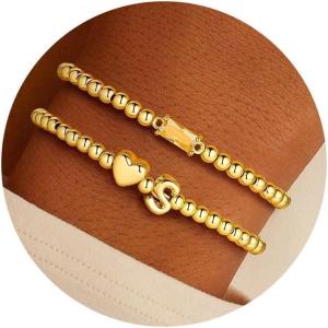 Turandoss Birthstone Beaded Bracelets for Women – Dainty 14K Gold Plated Heart Initial A-Z Charm Birthstone Bracelets, Stackable Waterproof Strand Bead Ball Bracelet Jewelry Birthday Gifts(Nov-Citrine)