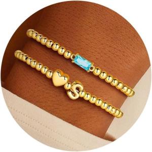 Turandoss Birthstone Beaded Bracelets for Women – Dainty 14K Gold Plated Heart Initial A-Z Charm Birthstone Bracelets, Stackable Waterproof Strand Bead Ball Bracelet Jewelry Birthday Gifts(Mar-Aquamarine)