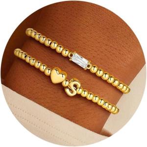 Turandoss Birthstone Beaded Bracelets for Women – Dainty 14K Gold Plated Heart Initial A-Z Charm Birthstone Bracelets, Stackable Waterproof Strand Bead Ball Bracelet Jewelry Birthday Gifts(Apr-White Topaz)