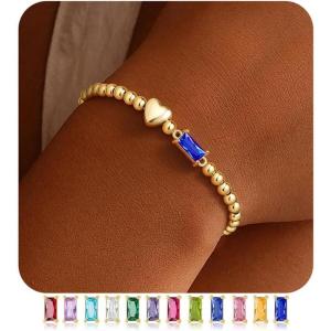 Turandoss Birthstone Bracelets for Women – Dainty 14K Gold Plated Elastic Beaded Green Emerald Birthstone Heart Bracelets Friendship Birthday Jewelry Gifts for Women Girls Trendy(12.December(Tanzanite))