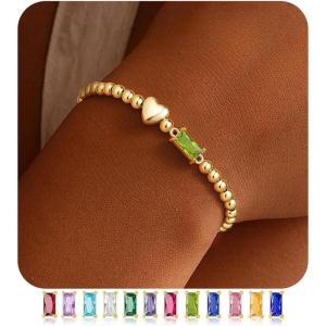 Turandoss Birthstone Bracelets for Women – Dainty 14K Gold Plated Elastic Beaded Green Emerald Birthstone Heart Bracelets Friendship Birthday Jewelry Gifts for Women Girls Trendy(08.August(Peridot))