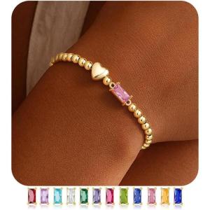 Turandoss Birthstone Bracelets for Women – Dainty 14K Gold Plated Elastic Beaded Green Emerald Birthstone Heart Bracelets Friendship Birthday Jewelry Gifts for Women Girls Trendy(10.October(Tourmaline))